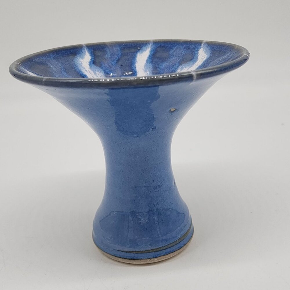 Handmade Blue Ceramic Candle Holder Vase  Unique White Drip Artist Signed - Picture 6 of 7